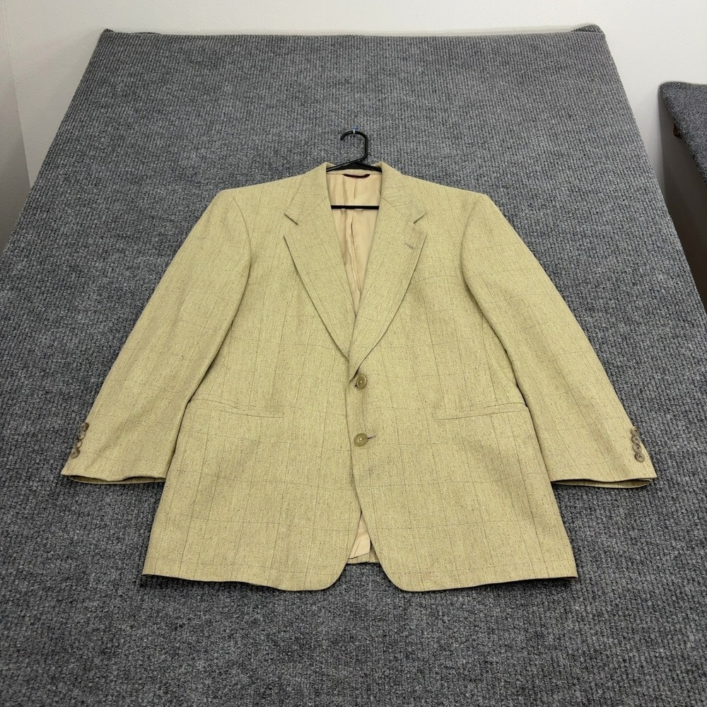 Vintage Hart Schaffner & Marx Blazer Mens 41R Beige Silk Herringbone Plaid